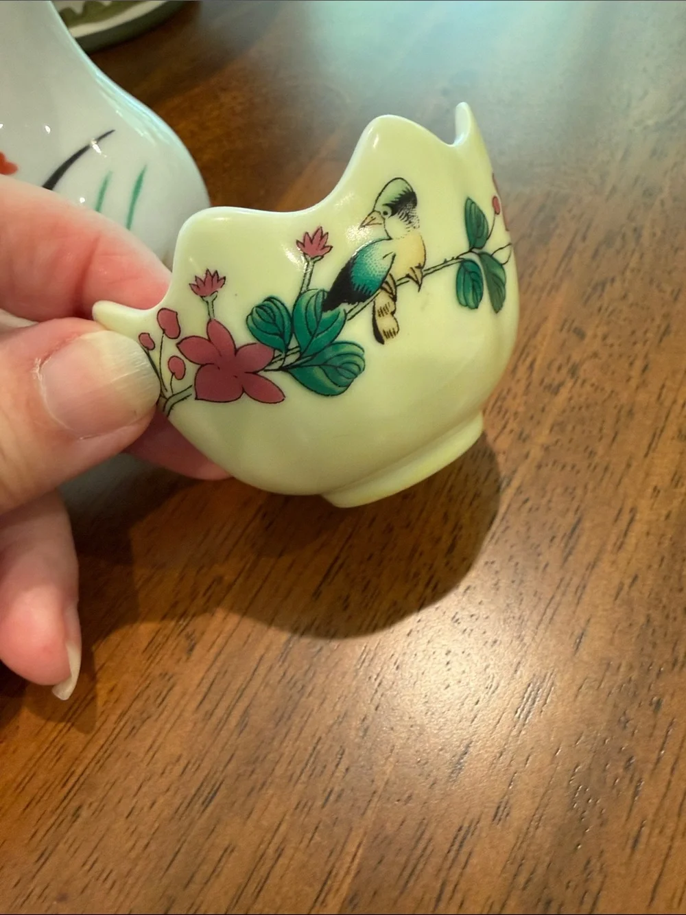 White Ceramic Floral Bud Vase with Scalloped Dish - Hand-Painted Design